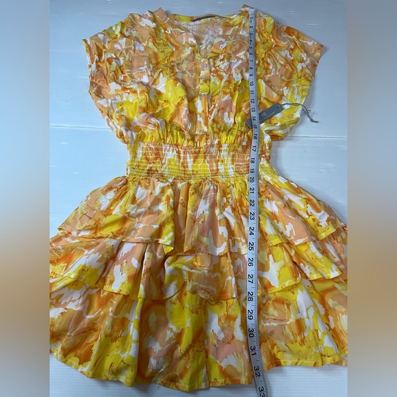 Tart Orange, Yellow, White Tiered Ruffle Kallie Sunset Cloud Dress Size Small - Picture 4 of 8